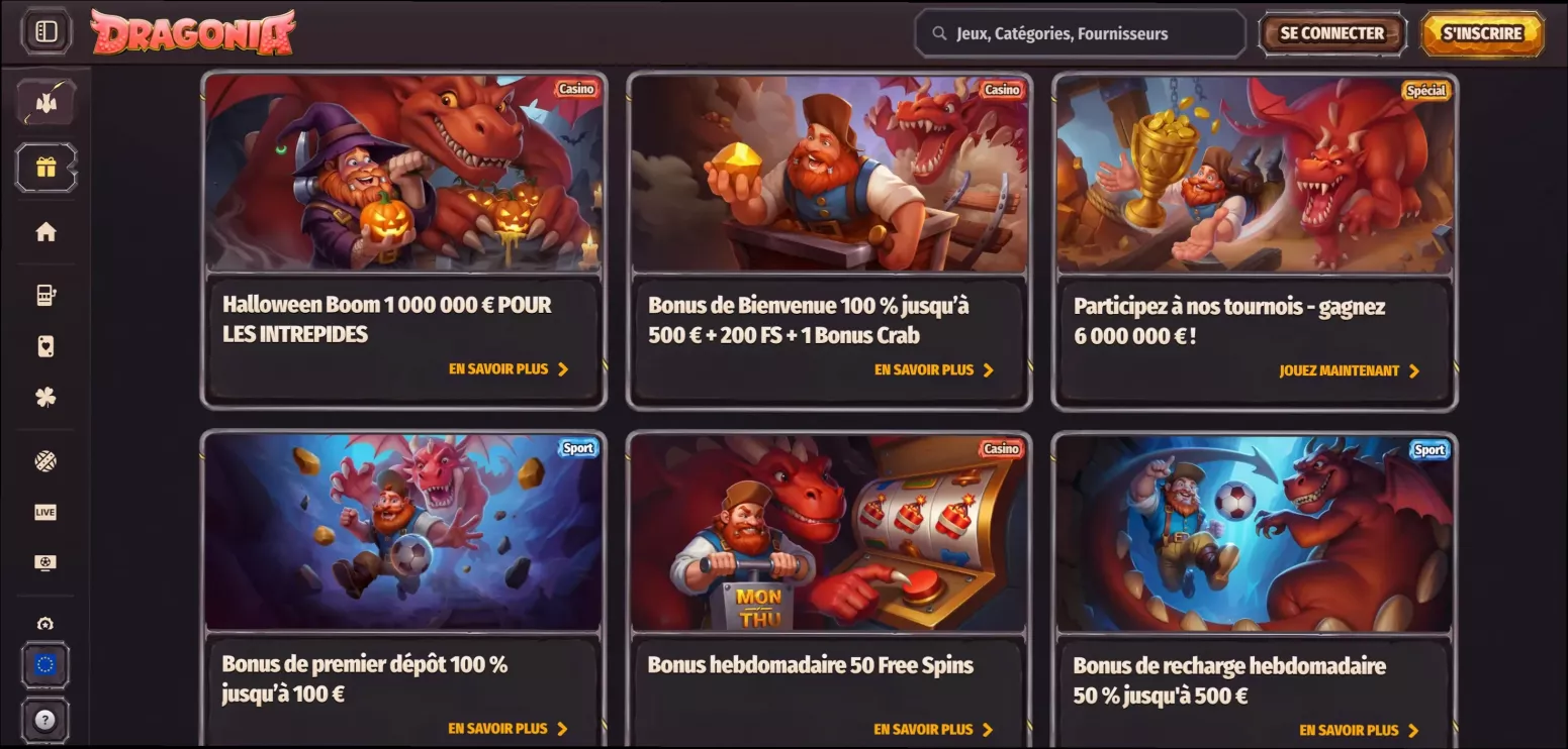 Dragonia Casino - 100 % jusqu'à 500 € + 200 Tours Gratuits